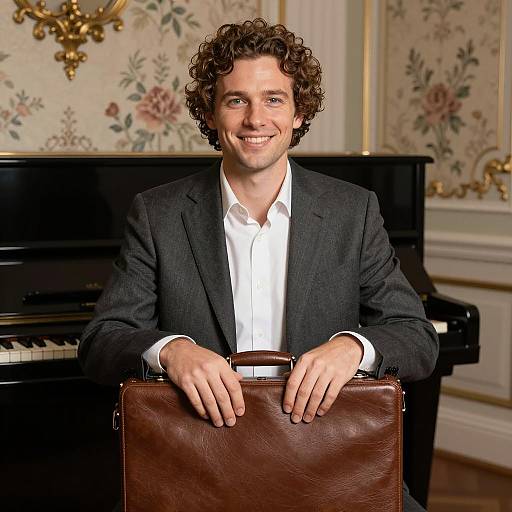 Smiling Man in Ornate Room with Piano