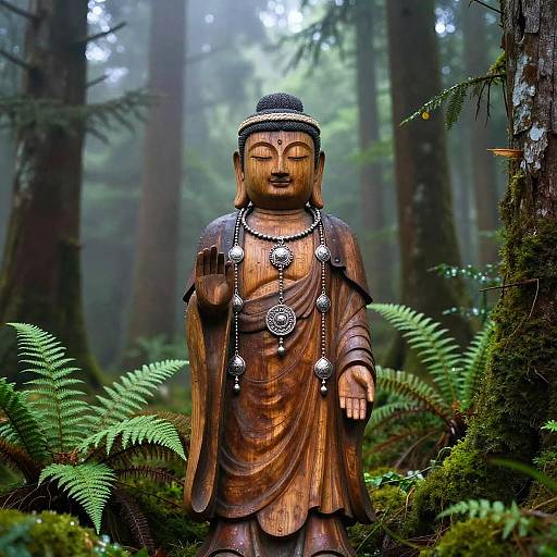 Photograph of a wooden Buddha statue with intricate jewelry, standing in a misty, moss-covered forest, surrounded by ferns and tall trees.
