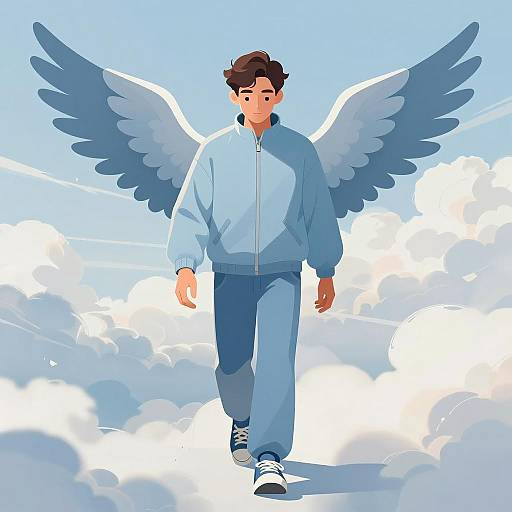 Man with Blue Wings in Cloudy Sky