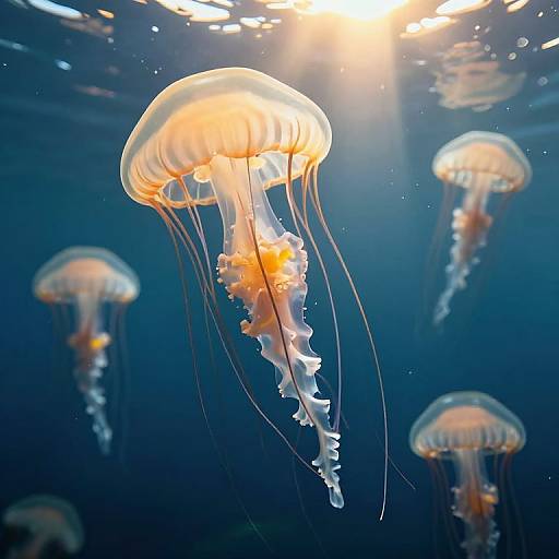 Photograph of glowing orange and white jellyfish with long, flowing tentacles, floating in deep blue underwater sunlight, surrounded by several other jellyfish.