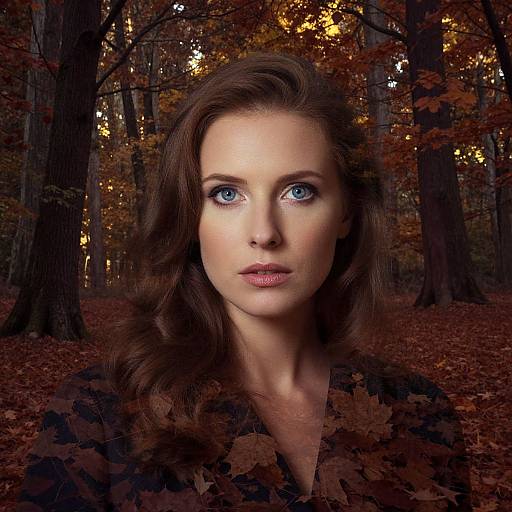 Photograph of a fair-skinned woman with blue eyes, wavy brown hair, and pink lips, standing in an autumn forest with fallen leaves and