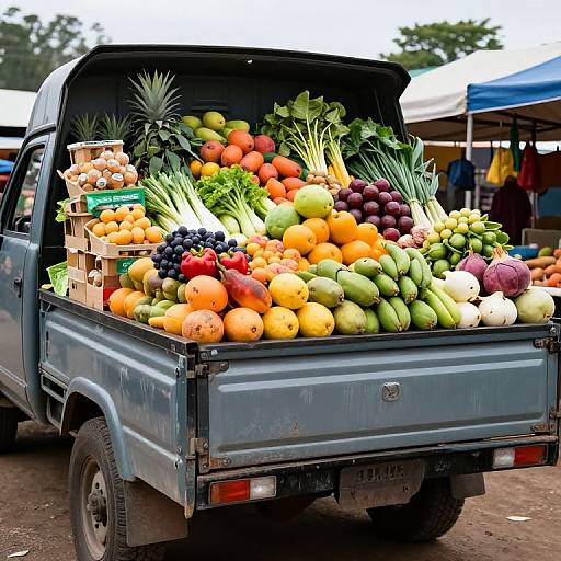 Photograph of a blue pickup truck with an open tailgate overflowing with colorful fresh fruits, including pineapples, oranges, kiwis, and berries