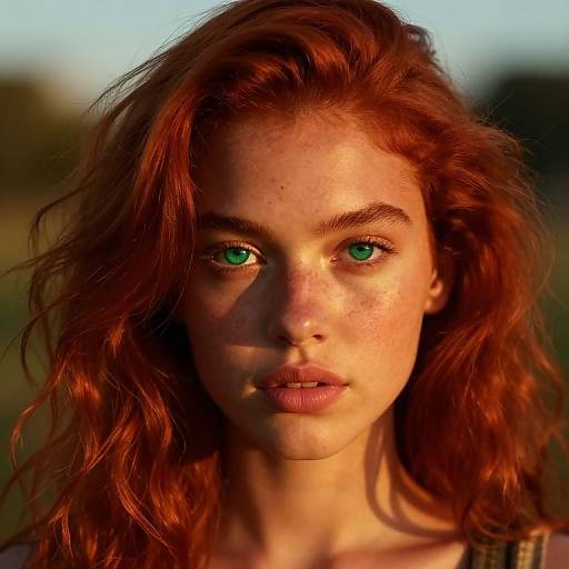 Close-up photograph of a freckled, red-haired woman with green eyes, illuminated by warm sunset light, against a blurred natural background.