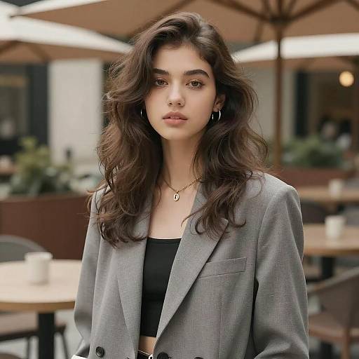Photograph of a young woman with wavy dark hair, wearing a grey blazer over a black crop top, standing in a blurred outdoor café with