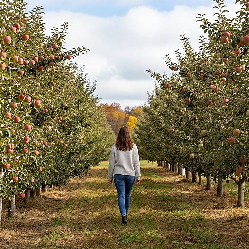 Photograph of a woman with brown hair, wearing a white sweater and blue jeans, walking down an apple orchard row with trees laden with red apples