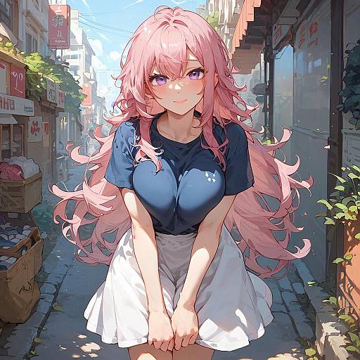 Anime-style digital illustration of a pink-haired girl with purple eyes, wearing a blue shirt and white skirt, leaning forward on a sunlit, narrow urban
