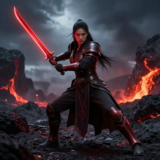 Digital artwork of a fierce warrior woman with long black hair, wielding a glowing red sword in a volcanic landscape. She wears dark, armored clothing, with