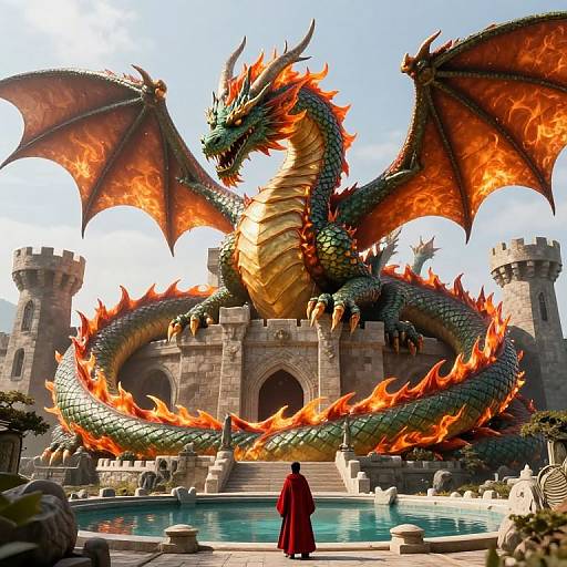 Majestic Green Dragon Around Castle