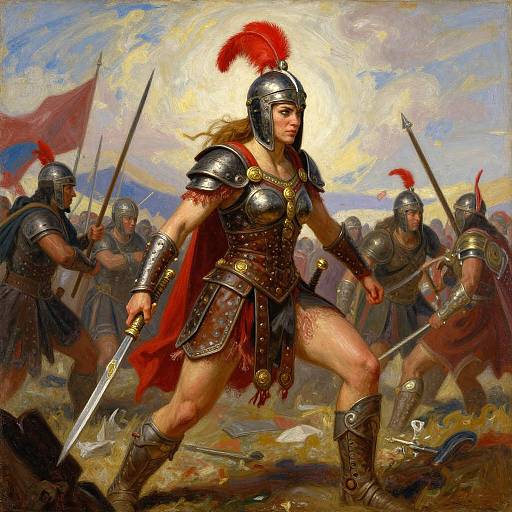 Digital painting of a fierce female warrior in Roman-style armor with red plume, leading soldiers in battle; vibrant, dynamic scene with bright sunlight and chaotic