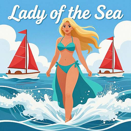 Digital illustration of a blonde woman in a turquoise bikini and sheer skirt walking through ocean waves, with red sailboats and 