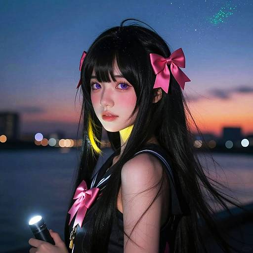 Girl with Purple Eyes at Sunset