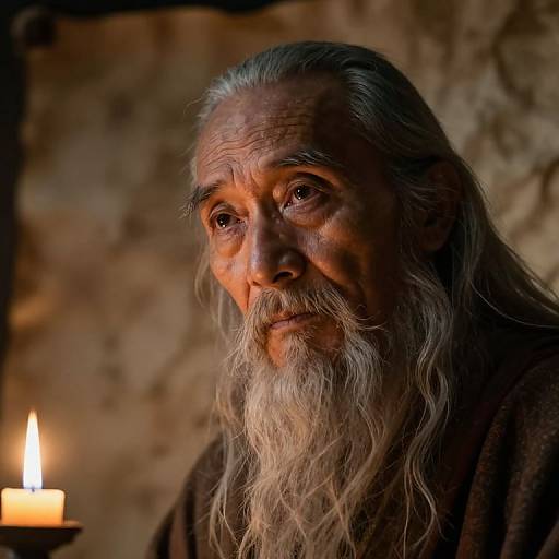 Photograph of an elderly man with long white beard and gray hair, wearing a brown robe, illuminated by a single candle.