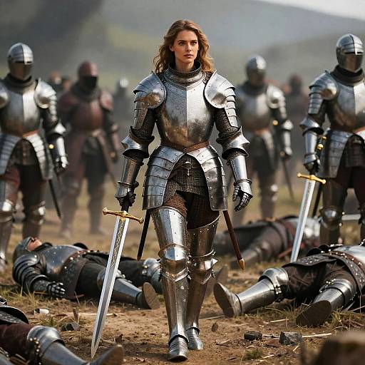 Photograph-style CGI of a determined woman in silver medieval armor, holding a sword, standing over fallen soldiers on a grassy battlefield.