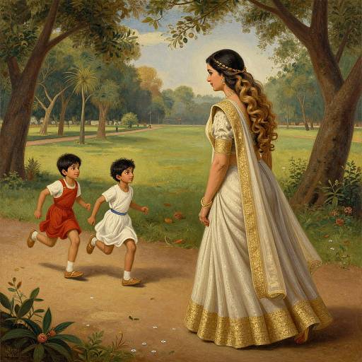 Photorealistic painting of an Indian woman in a white sari with gold trim watching two young boys in red and white clothes run in a lush,