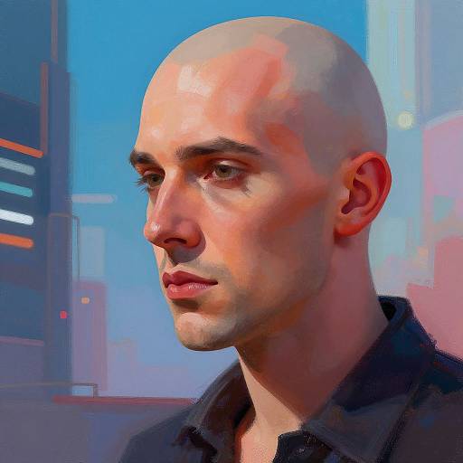 Digital painting of a bald, fair-skinned man with a serious expression, wearing a black shirt, against a vibrant blue and pink cityscape background.