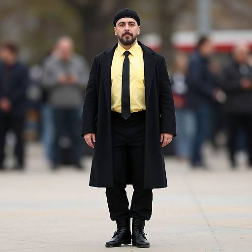 Photograph of a bearded man with dark skin and black beanie, wearing a long black coat over a yellow shirt, black tie, and black
