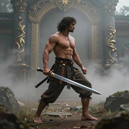 Muscular Warrior with Sword in Misty Ancient Setting
