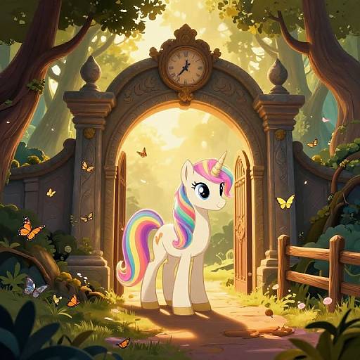 Colorful unicorn with rainbow mane stands under enchanted clock archway, sunlit forest background, butterflies flutter, digital art, whimsical style.