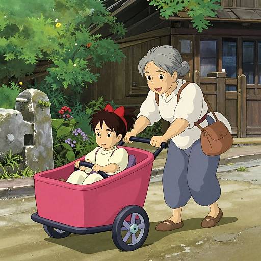 Digital anime-style drawing of an older woman with gray hair and blue pants pushing a red stroller with a young girl in a white outfit and red bow