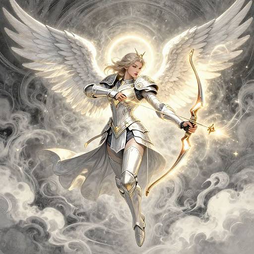 Digital artwork of a radiant, winged, silver-armored archer angel with glowing halo, drawing a flaming bow amidst swirling clouds.