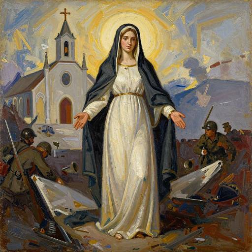 Painting of a serene, haloed Mary in a white dress and black veil, standing amidst soldiers and a damaged church backdrop.