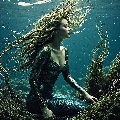 Spiraling Mermaid with Flowing Seaweed Hair Underwater