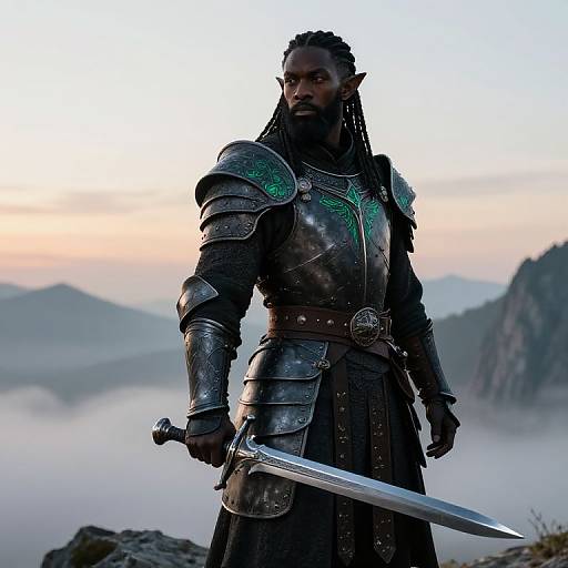 Photorealistic digital artwork of a dark-skinned, bearded male warrior with long braids, wearing ornate silver armor, holding a sword,