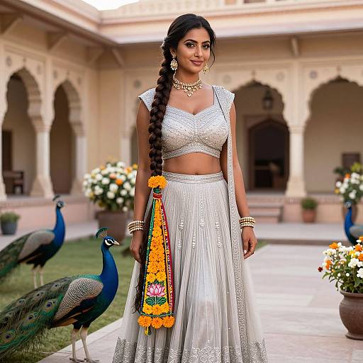 Indian woman in white traditional attire with long braid, ornate jewelry, and orange garland, stands in courtyard with peacocks, arched