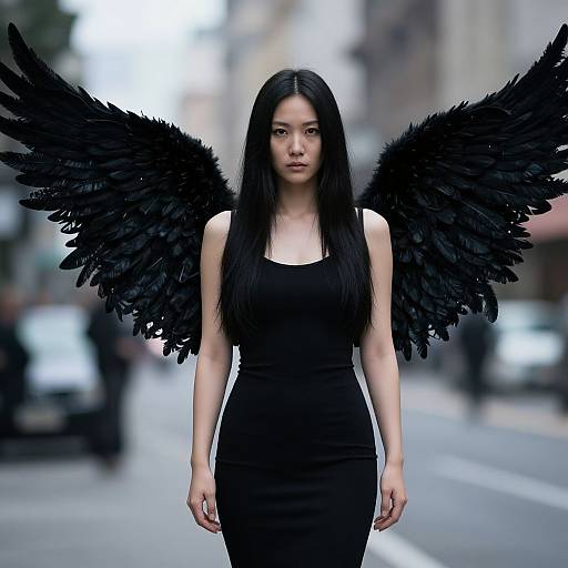 Photograph of an Asian woman with long black hair, wearing a black form-fitting dress and large black feathered wings, standing on a blurred city