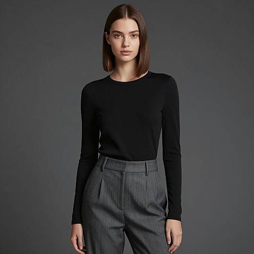 Professional woman in black top and gray trousers