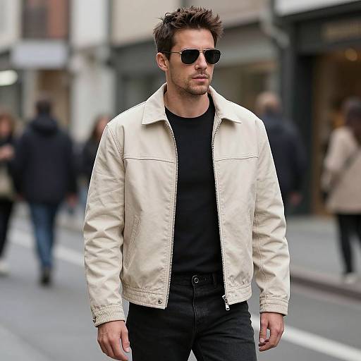Photograph of a handsome, muscular man with short brown hair, wearing black sunglasses, a cream leather jacket, black shirt, and jeans, walking on