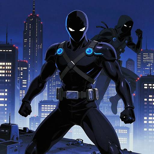 Digital comic artwork of two masked, muscular superheroes with glowing white eyes, standing in a blue-lit, neon cityscape at night.