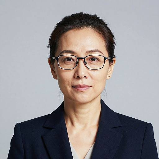 Photograph of an Asian woman with dark hair in a simple bun, wearing black-rimmed glasses, a black blazer, and small earrings,