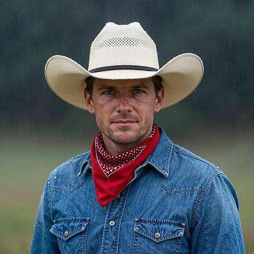 Cowboy in Rain with Denim Shirt and Red Bandana