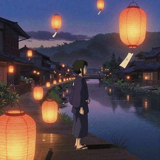 Twilight Riverside with Floating Lanterns