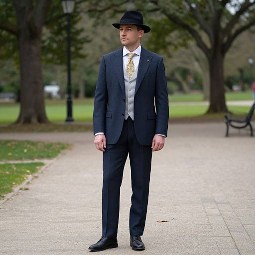 Photograph of a man in a dark blue suit, white vest, yellow tie, and black bowler hat standing on a park path.