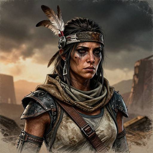 Digital art: Tough, dark-haired warrior woman with feather headband, grimy armor, and necklace, set against a stormy, rocky landscape.
