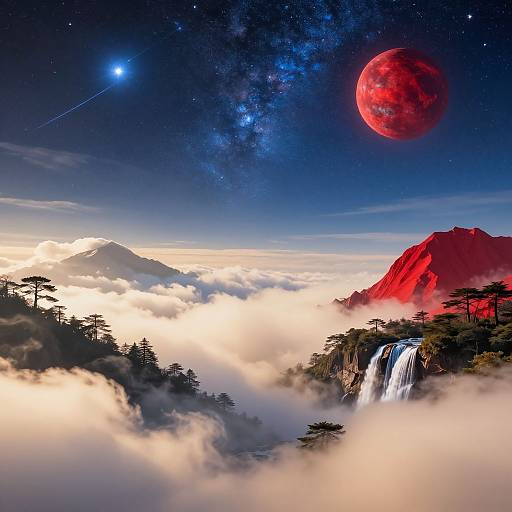 Digital artwork of a surreal landscape with a red planet, shooting star, Milky Way, waterfall, red mountains, and clouds.