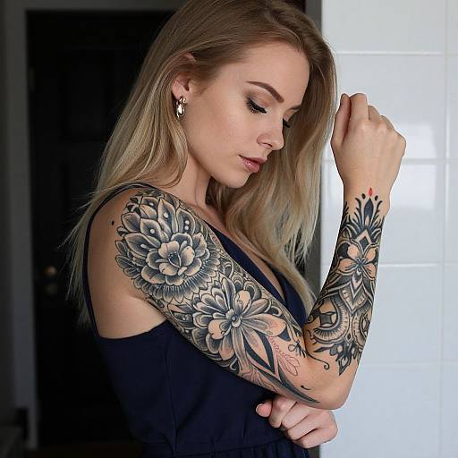 Photograph of a blonde woman with intricate black and grey floral tattoos on her arms, wearing a black top, red nail polish, and diamond earrings,