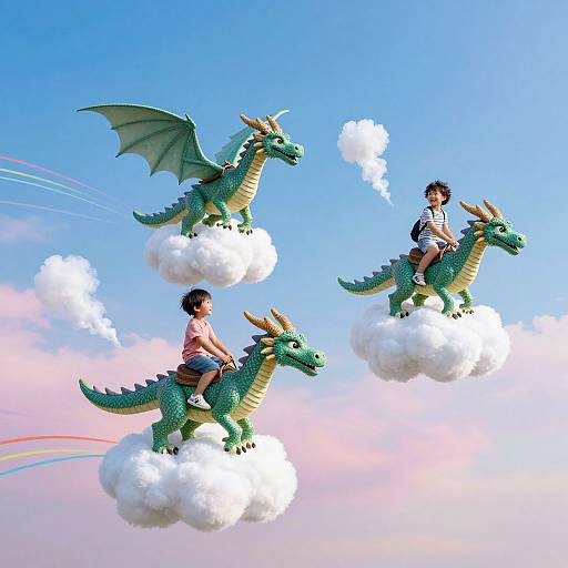 Children Riding Mythical Dragons Skyward