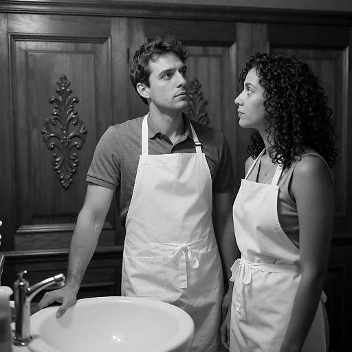 Black-and-White Apron Portrait at Sink