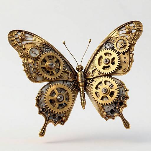 Steampunk butterfly: intricately designed with gold gears, cogs, and brass elements on transparent wings, set against a white background.