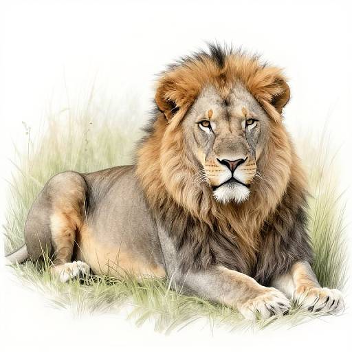 Photorealistic digital artwork of a regal male lion with a thick, brown mane, lying on green grass, gazing intently forward.