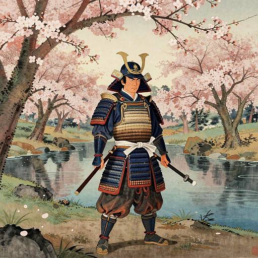 Fierce Samurai Among Cherry Blossoms