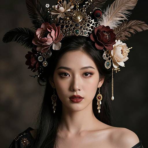 Photograph of an Asian woman with long black hair, wearing a ornate, feathered and flower-adorned headpiece, dark lipstick, and