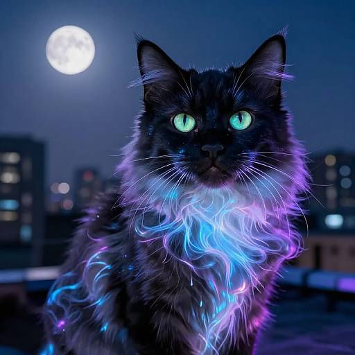 Spectral Glowing Black Cat on Moonlit Rooftop