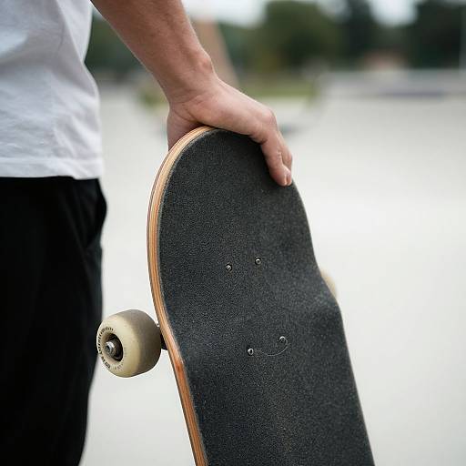 Photograph of a person's hand gripping a black skateboard with white wheels, wearing a white t-shirt and black pants, outdoors.
