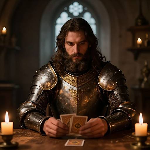 Photograph of a bearded, long-haired man in medieval armor holding Tarot cards, illuminated by candlelight in a dim, gothic room.