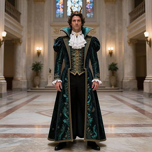 Photograph of a man in an elaborate, dark green, Renaissance-style velvet robe with gold embroidery and white ruffled shirt, standing in an opulent