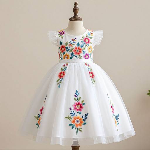Photograph of a white floral dress on a mannequin, featuring colorful flowers, puffed sleeves, and a full, flared skirt against a